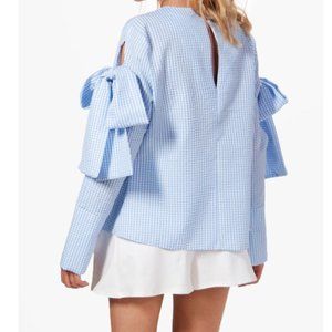 Boohoo Heidi Gingham Tie Sleeve Blouse Black Size US 4 UK 8 NWT